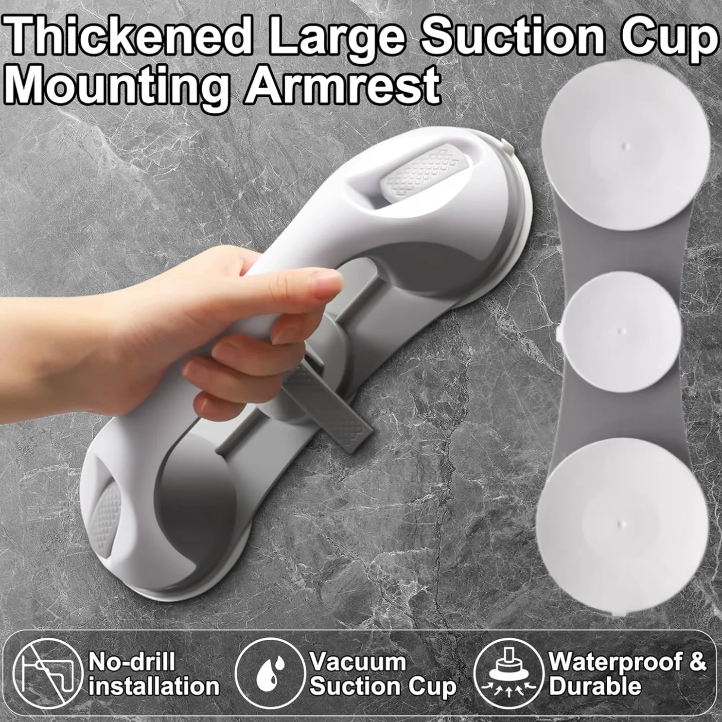 

No-Drill Bathroom Grab Bar with 3 Suction Cups, Ergonomic Non-Slip Bathroom Grab Bar, Heavy-Duty and Detachable, Suitable for Elderly Support, Easy to Install, Bathroom Accessories
