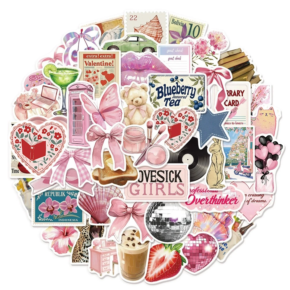 10/30/50 Stück Niedliche Rosa Y2K Cartoon-Aufkleber im INS-Stil, Cartoon-Sticker für DIY-Gepäck, Scrapbook, Schreibwaren, Ästhetische Graffiti-Aufkleber