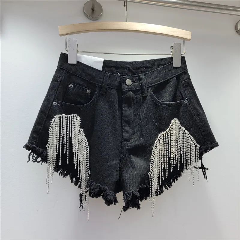 Tassel Sparkling Rhinestones Chain High Waist A- Line Denim Shorts Spring Summer Tide Frayed Edge Ripped Hot Pants for Women