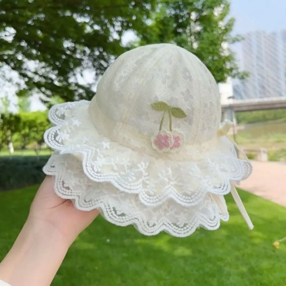 

Foldable Lightweight Baby Bucket Hat Thin Wide Brim Baby Princess Cap Lace Trim Hollow Cute Cherry Fisherman Hat Newborn Baby