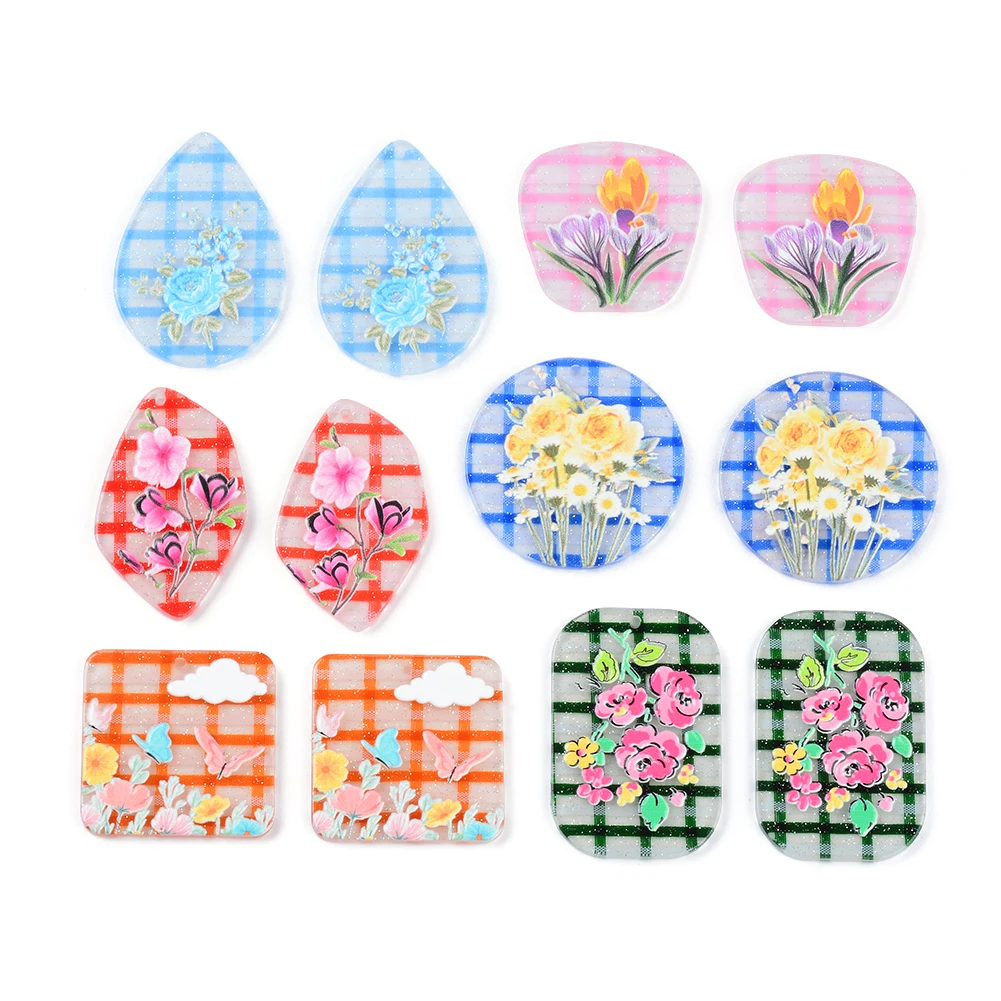 Colorful Beautiful Flower Painting Flat Acrylic Pendants Plate Jewelry Accessories Handmades Fashion For DIY Earrings 10pcs