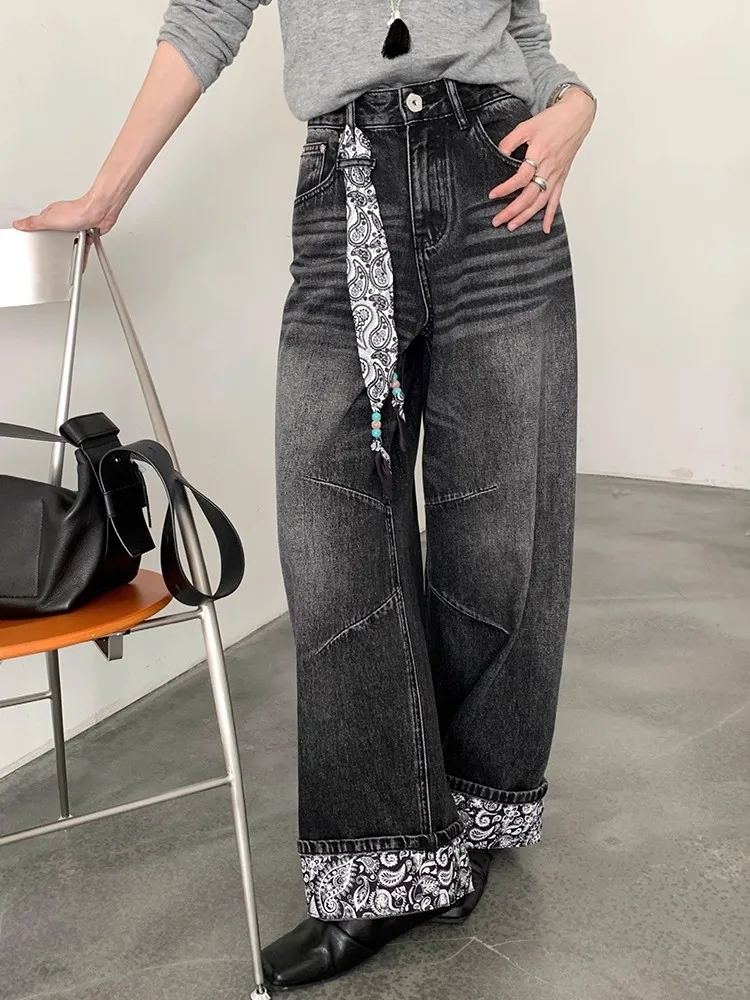 Y2K – jean à couteau incurvé épissé avec fleurs de cajou pour femme, jean amincissant, délavé, jambes droites, automne