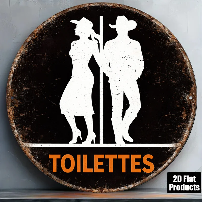 2D Flat, 1pc 8x8 Inch / 20x20cm 2D Flat Round Sign, Vintage Plaque for Men's and Women's Restroom Signs, Western Cowboy Style De