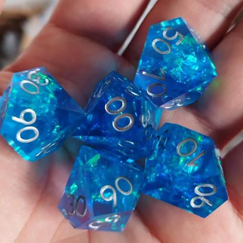7Pcs DND Blue Sliver Solid Resin Dice Set Sliver Word Multi-sided Polyhedral Dice for D&D Game COC Role Playing RPG Table D6~D20