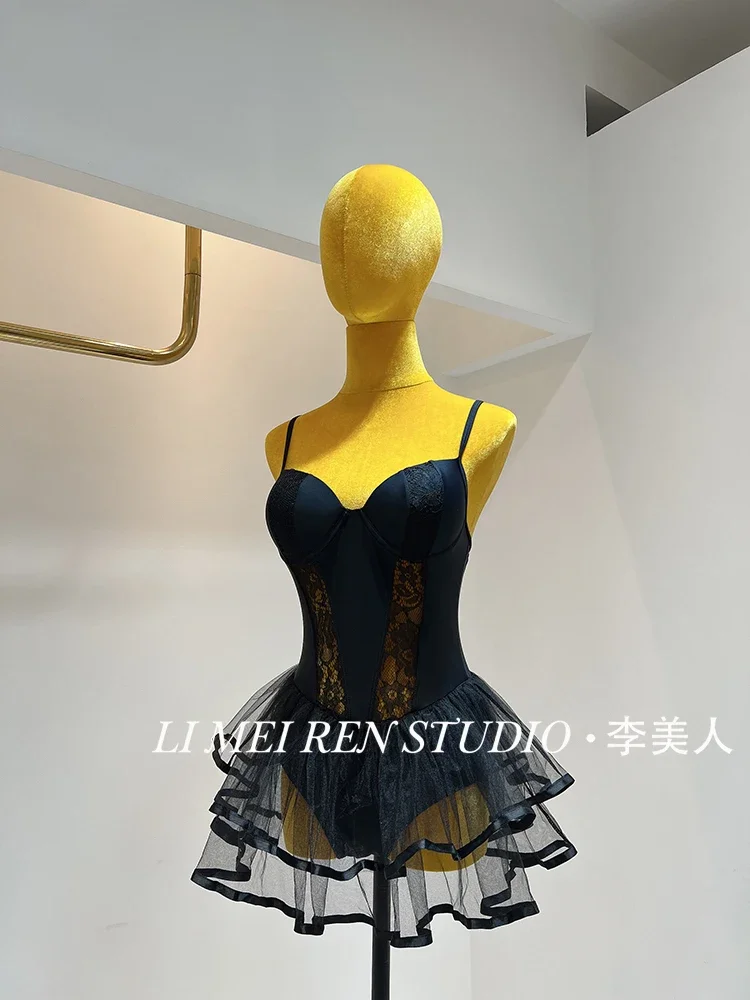 New sexy lace black mesh puffy skirt with steel support one-piece swimsuit for women
