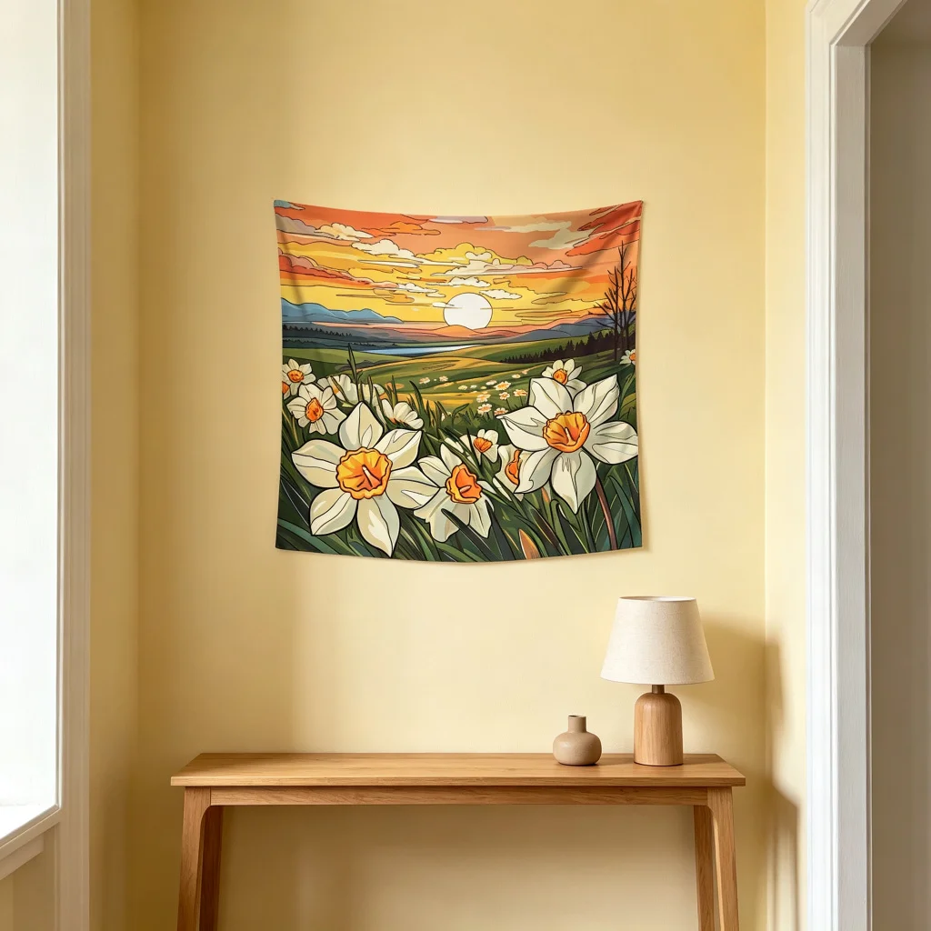 1PC Daffodil Sunset Print Backdrop Banner, Bedroom Living Room Photo Background, Polyester Wall Hanging, Home Decor, Wall Art