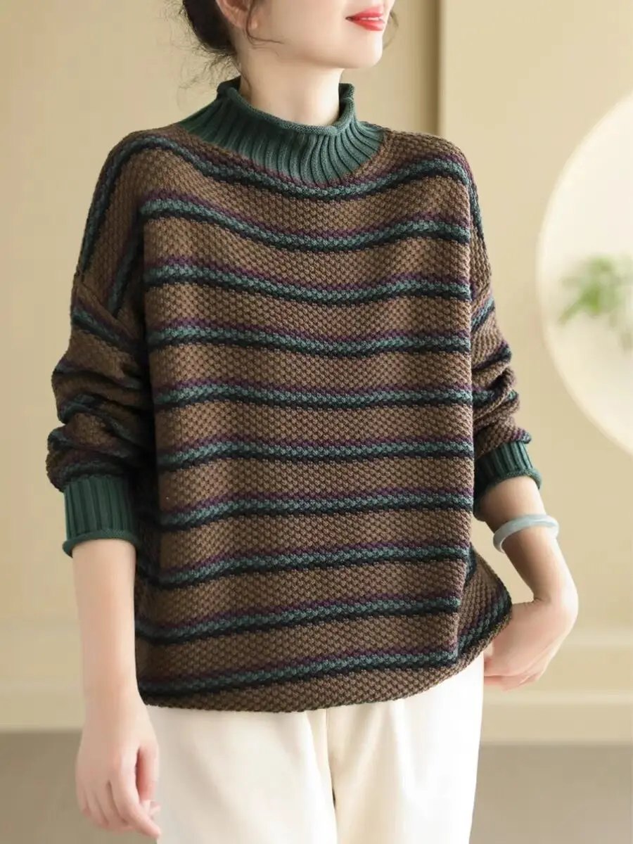 Autumn Winter Vintage Literary Loose Versatile Striped Women Sweater Fashion Turtleneck Elegant Casual Hipster Female Knitwear