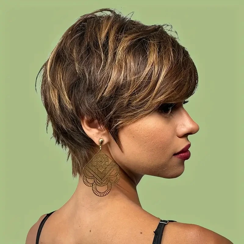 하이라이트 금발 픽시 컷 가발 인간의 머리카락, 여성용 짧은 픽시 가발 가발, 여성용 직선 인간의 머리카락 가발