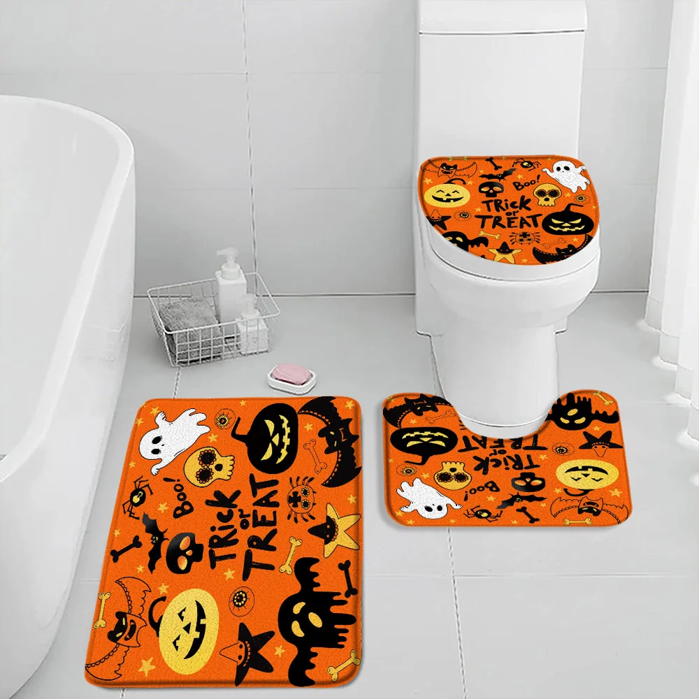 Cartoon Ghost Pink Bath Mat Set Black Cat Pumpkin Lantern Apothecary Vintage Bathroom Decor Home Carpet Flannel Toilet Lid Cover