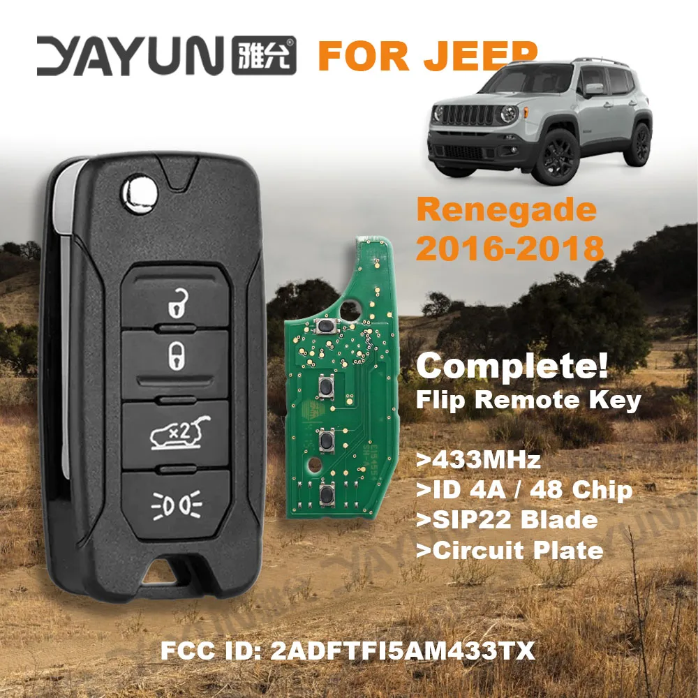 YAYUN 4 Buttons 2015/6/7/8 Flip Remote Car Key 433MHz ID48/4A Chip FCC 2ADFTFI5AM433TX SIP22 Blade With Logo For Jeep Renegade