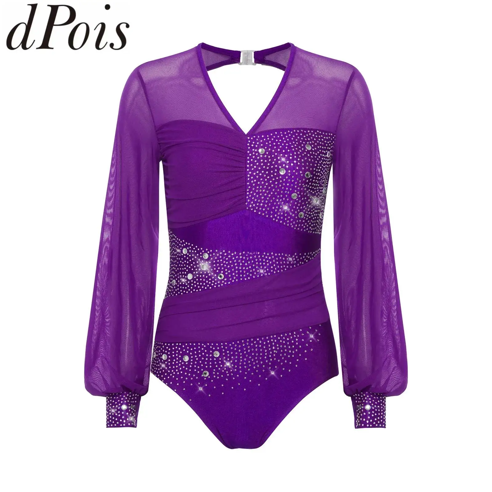 

Women Figuring Skating Performance Costume Tango Latin Ballet Bodysuits Shirts Sheer Mesh Long Sleeve Ruched Yoga Dance Leotard