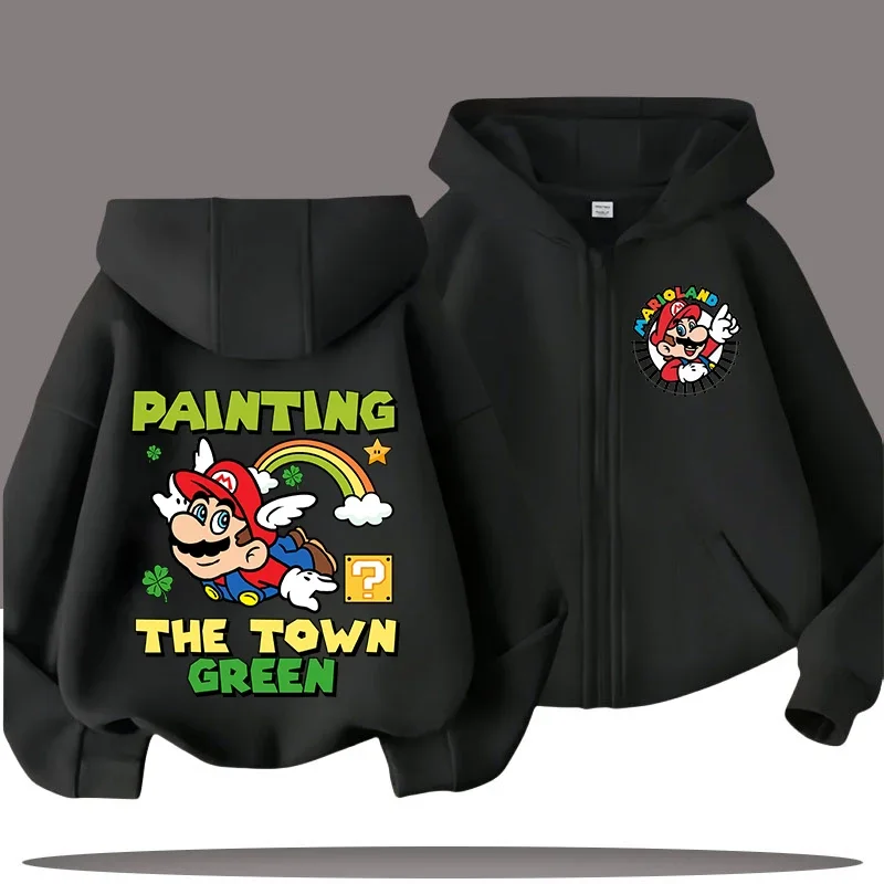 

New Mario zip-up boys' sport shirt for children, hooded jacket with game cartoon print, girls' casual top for autumn and winter.