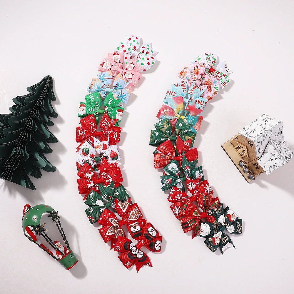10/12/20PCS Christmas Printed Ribbon Hair Clips for Kids Boutique Holiday Party Headwear High-Quality Cheer Bow Hair Accessories