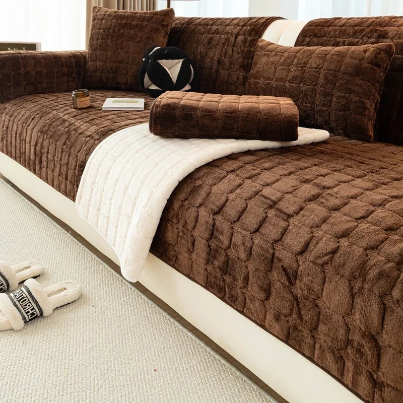Non-Slip Cat Resistant Sofa Cover Ultra-Thick Flannel Velvet Seat Cushion Dustproof Pad Solid Color Checkered Sofa Slipcovers