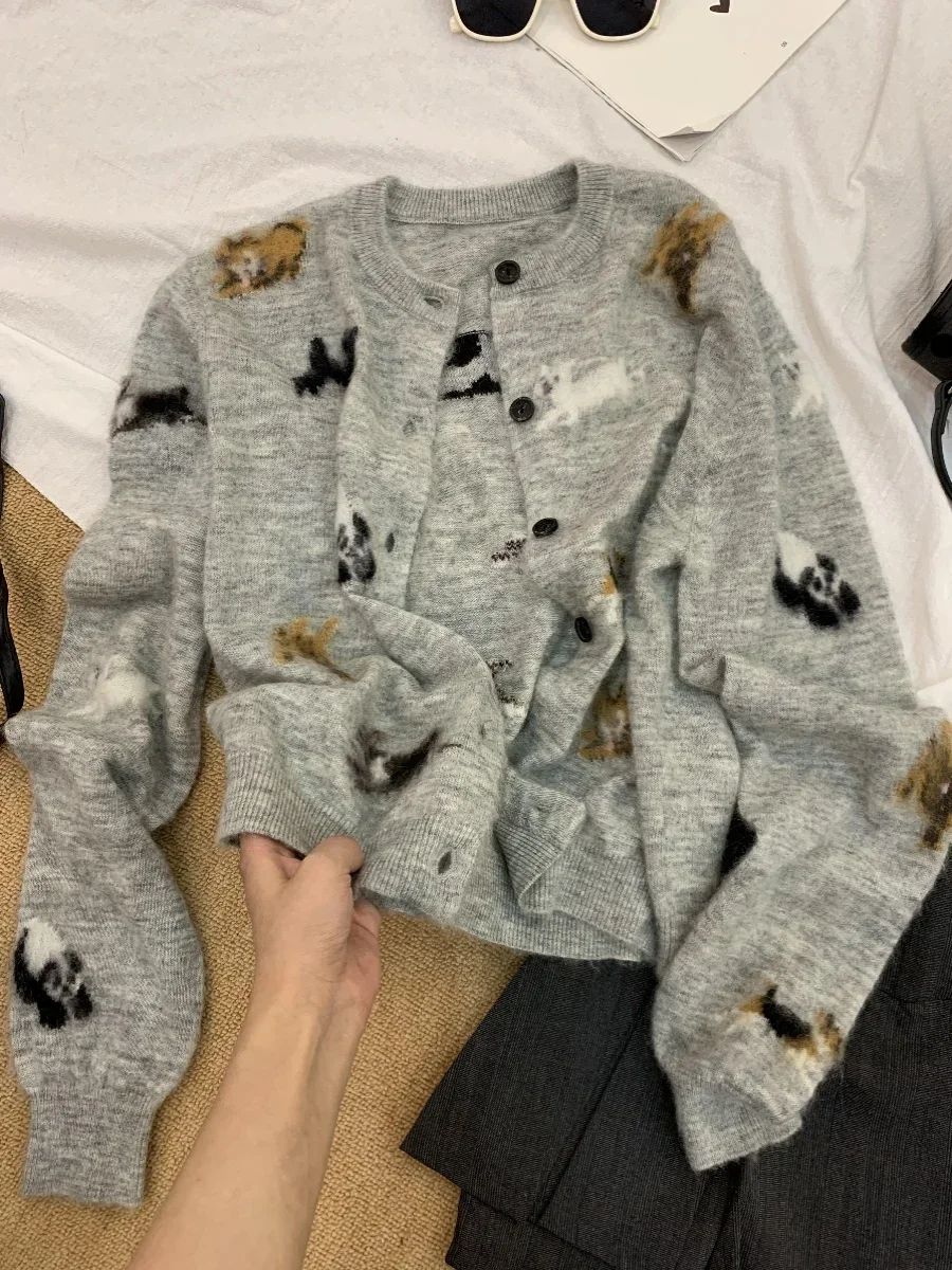 Funny Animal Panda Dog Cute Jacquard Sweater Short Jacket Grunge E-girl Long Sleeve Cardigan Coat Autumn Winter Kawaii Clothes