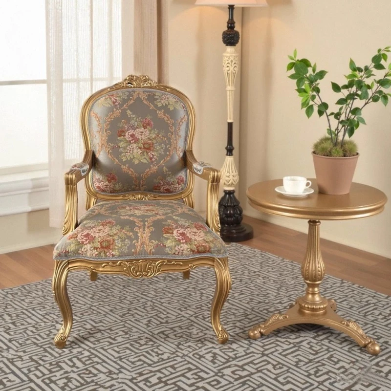 

Luxury solid wood fabric jacquard dining chair book chair gold old villa carved casual armchair dressing chair