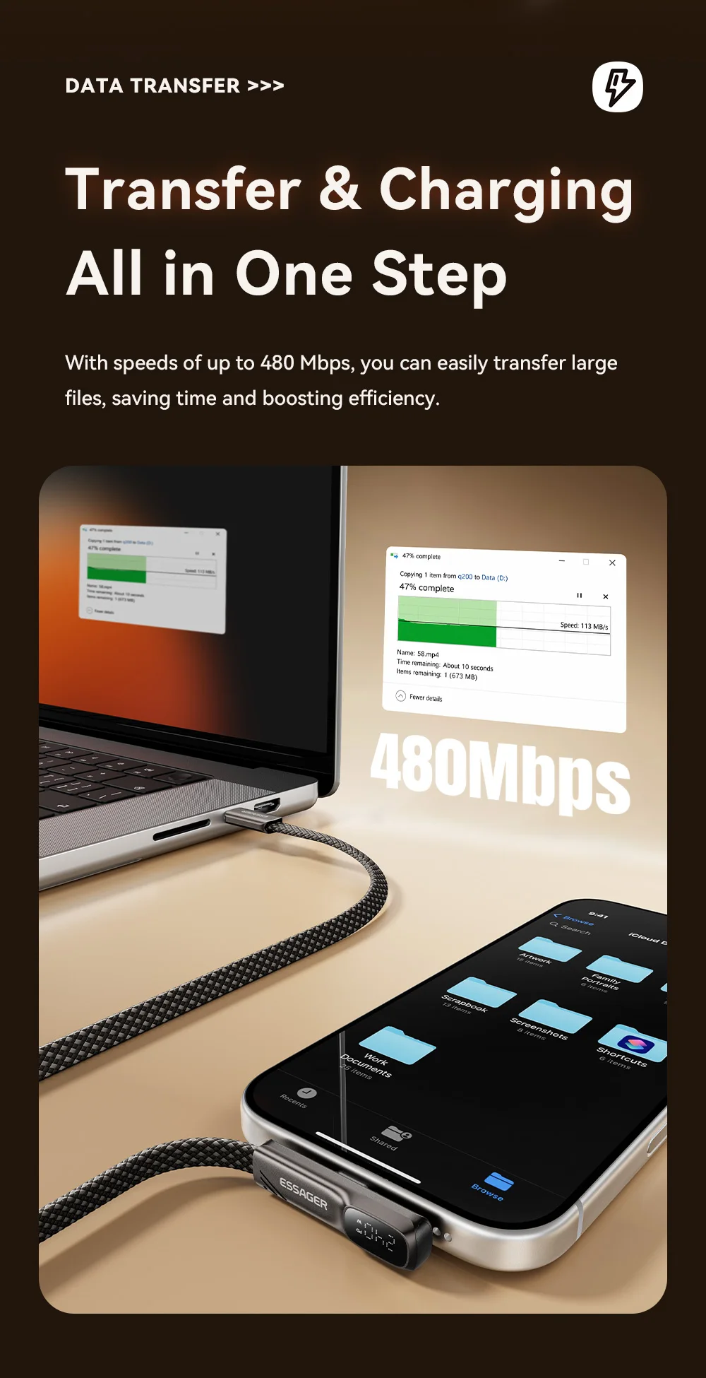 Essager Typ-C-zu-Typ-C-Kabel 240W 5A Schnellladekabel mit Digitalanzeige für MacBook Pro iPhone 17 Winkelkabel – Detail 7
