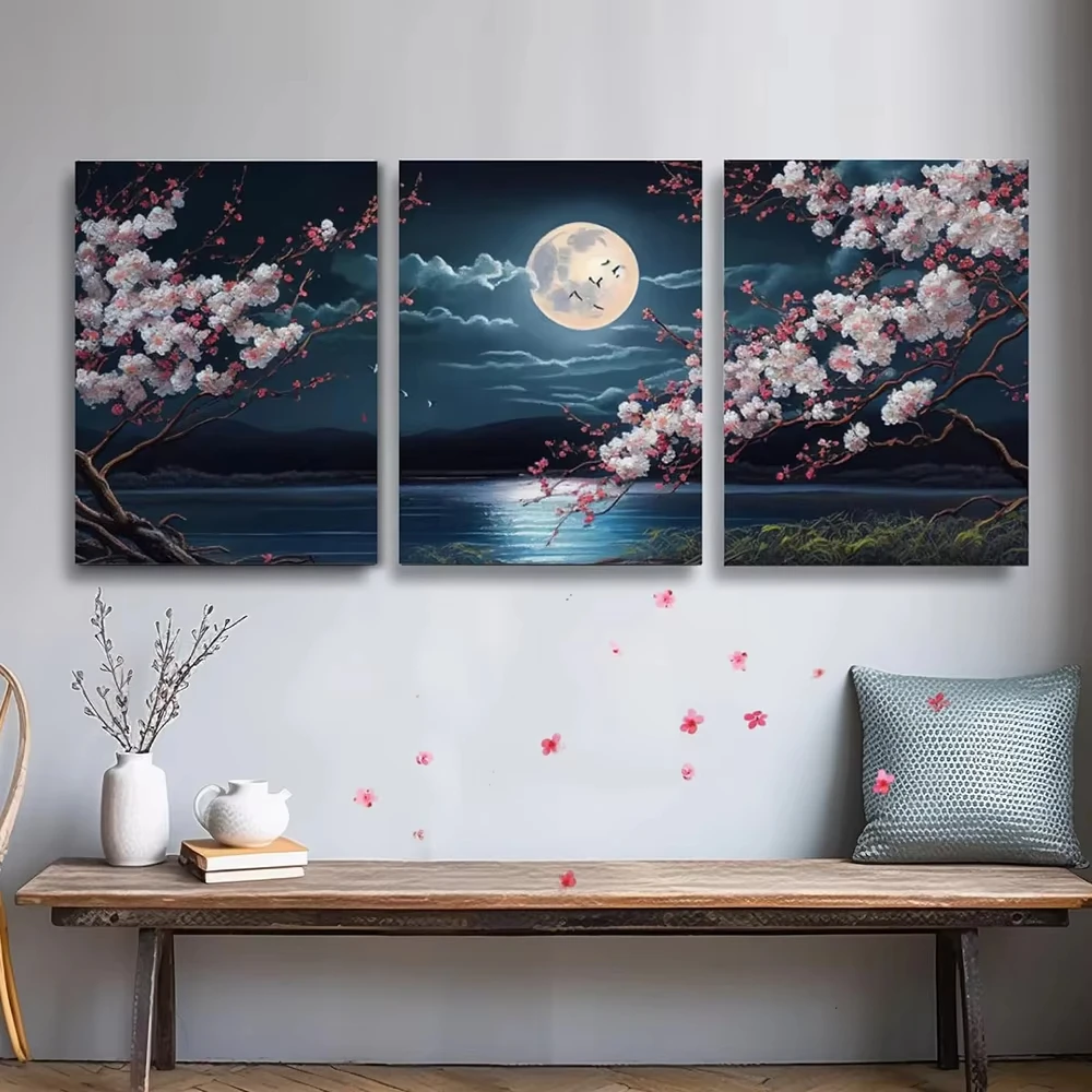 اليابانية زهر الكرز القمر بحيرة المشهد حائط لوح رسم الفن مجموعة من 3 جماليات المشارك وطباعة غرفة المعيشة ديكور المنزل
