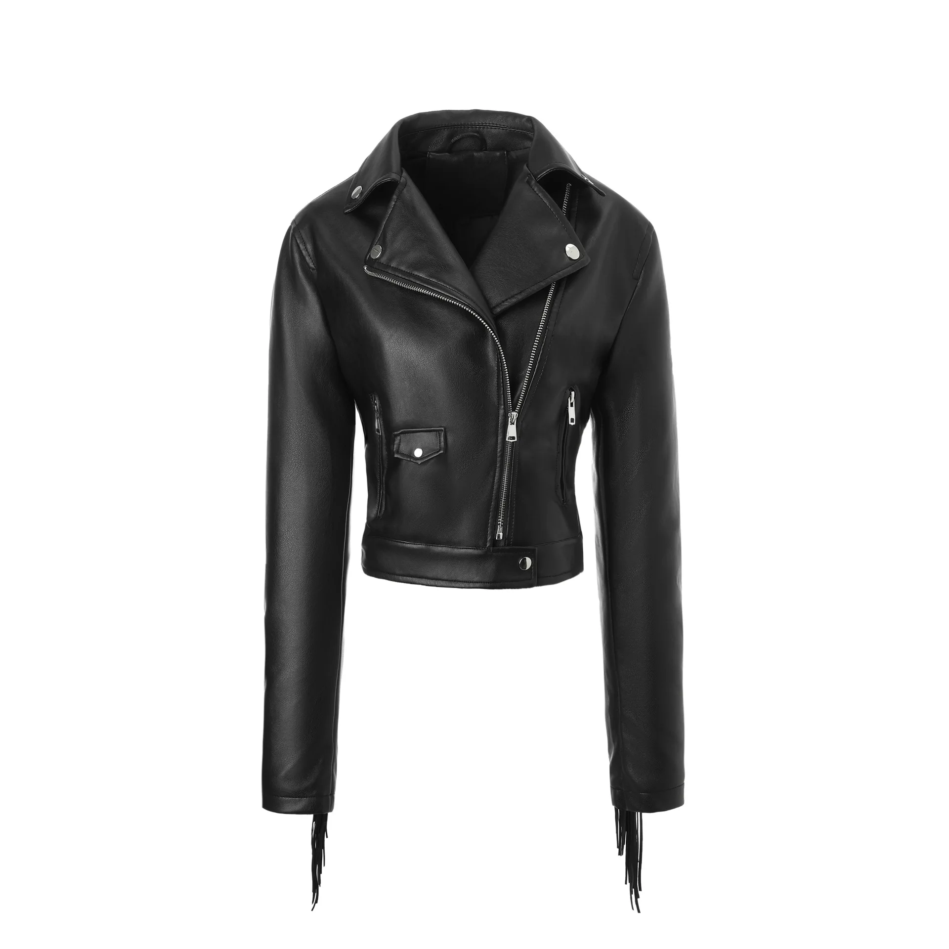 Large size women's PU zipper leather jacket short style lapel tassel jacket slim fit and slimming motorcycle spring new item