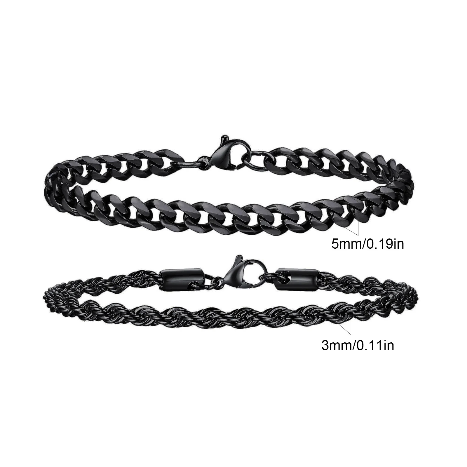 2 Stück Herren-Kettenarmbänder, Edelstahl, Silber, Gold, Schwarz, Twist-Seil-Kettenarmband, trendige kubanische Gliederketten, Geschenk