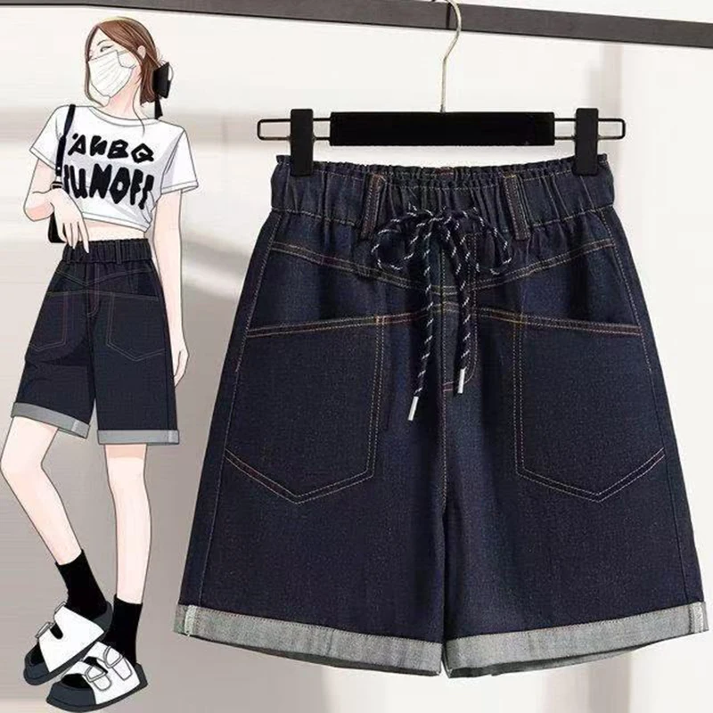 

Summer new fashionable rolled edge shorts women loose and thin high waisted elastic drawstring high waisted denim shorts