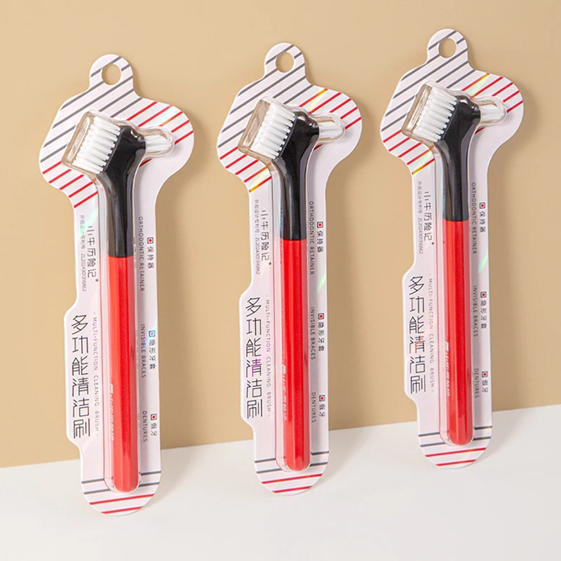 False Teeth Brush Double Head Denture Cleaning Brush Toothbrush Multi-Layered Bristles Non-Slip Ergonomic Handle Oral Care Tool