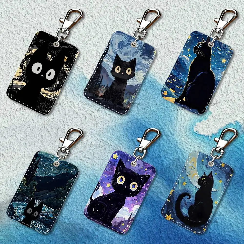 

Black cartoon cat Rectangle Card Case Leather Card Holder Keychain Key Ring Transportation Card Case