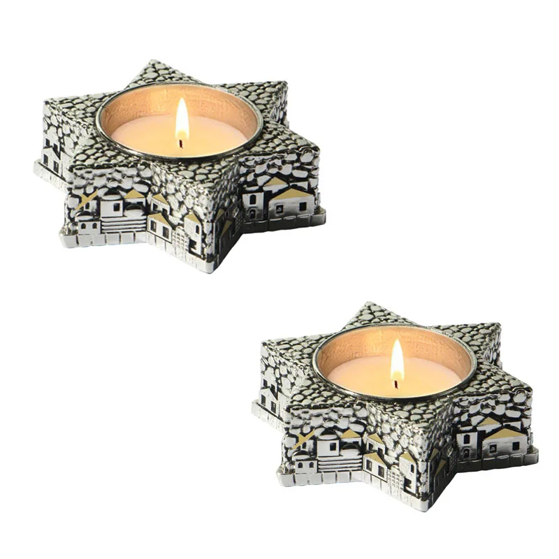 Set of 2 Vintage JERUSALEM Star of David Silver Plated Shabbat Candle Holders Candle Sticks Tea Light Candle Holders for Shabbat