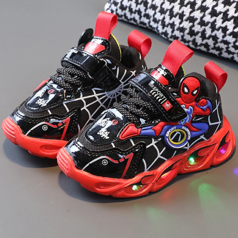 Disney LED Casual Sneakers Red Blue For Spring Boys Spiderman Mesh Outdoor Shoes Children Lighted Non-slip Shoes Size 21-30