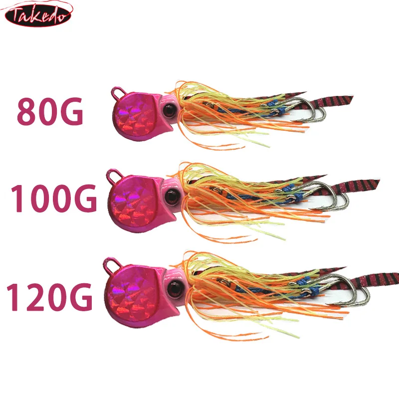 TAKEDO 80G 100G 120G Octopus Fishing Lure Metal Jig Head Trolling Lures Tuna Jigbait Rubber Skirt Bait With bk*Assist Hook