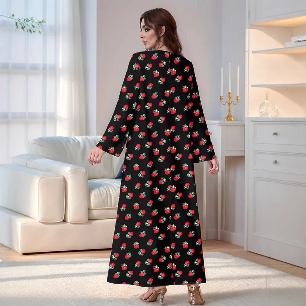 Ramadan Muslim women's loose fitting women's long skirt fashionable printed large swing V-neck long sleeved dress A-line skirt