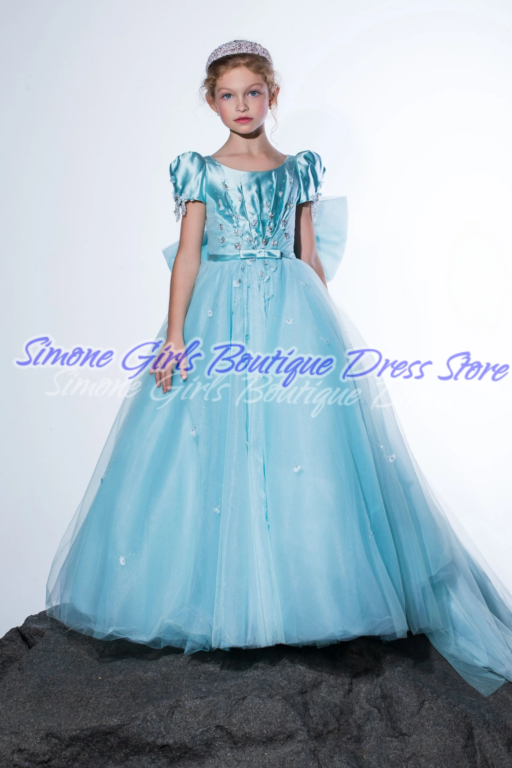 Pailletten korte mouwen hemelsblauwe elegante satijnen jurk bloemenmeisje jurk voor dansfeest bruiloft schoonheidswedstrijd verjaardagsfeestje