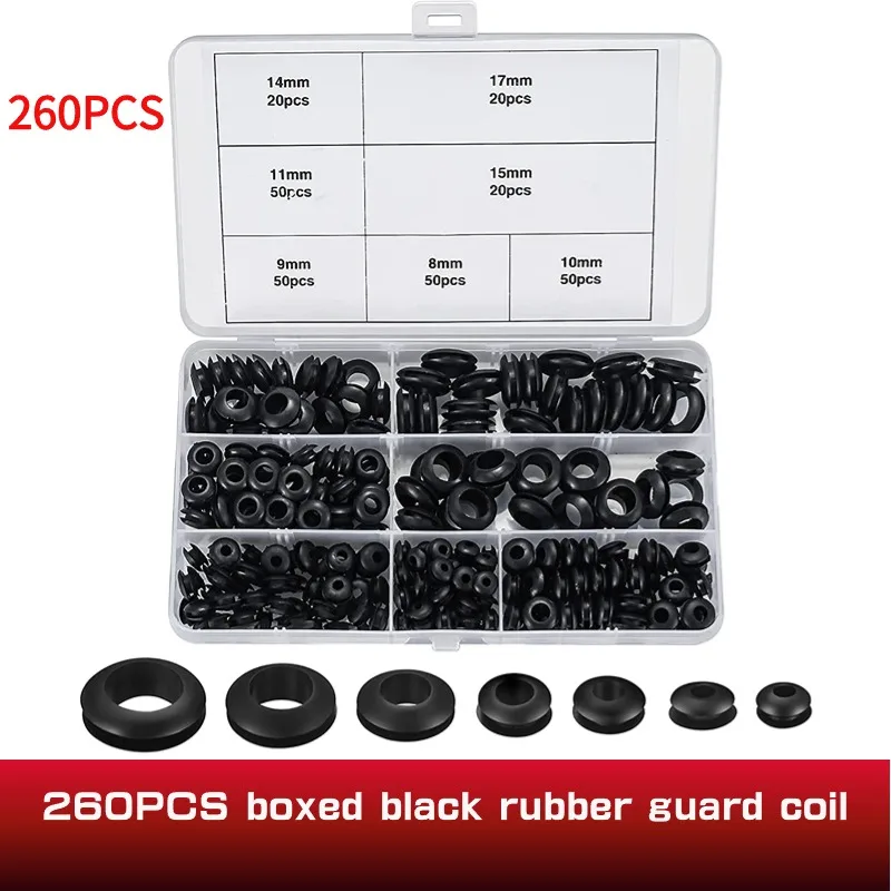 260pcs rubber washer combination kit, 7 sizes of rubber wire hole washer, O-ring washer, for wiring, automobile, firewall