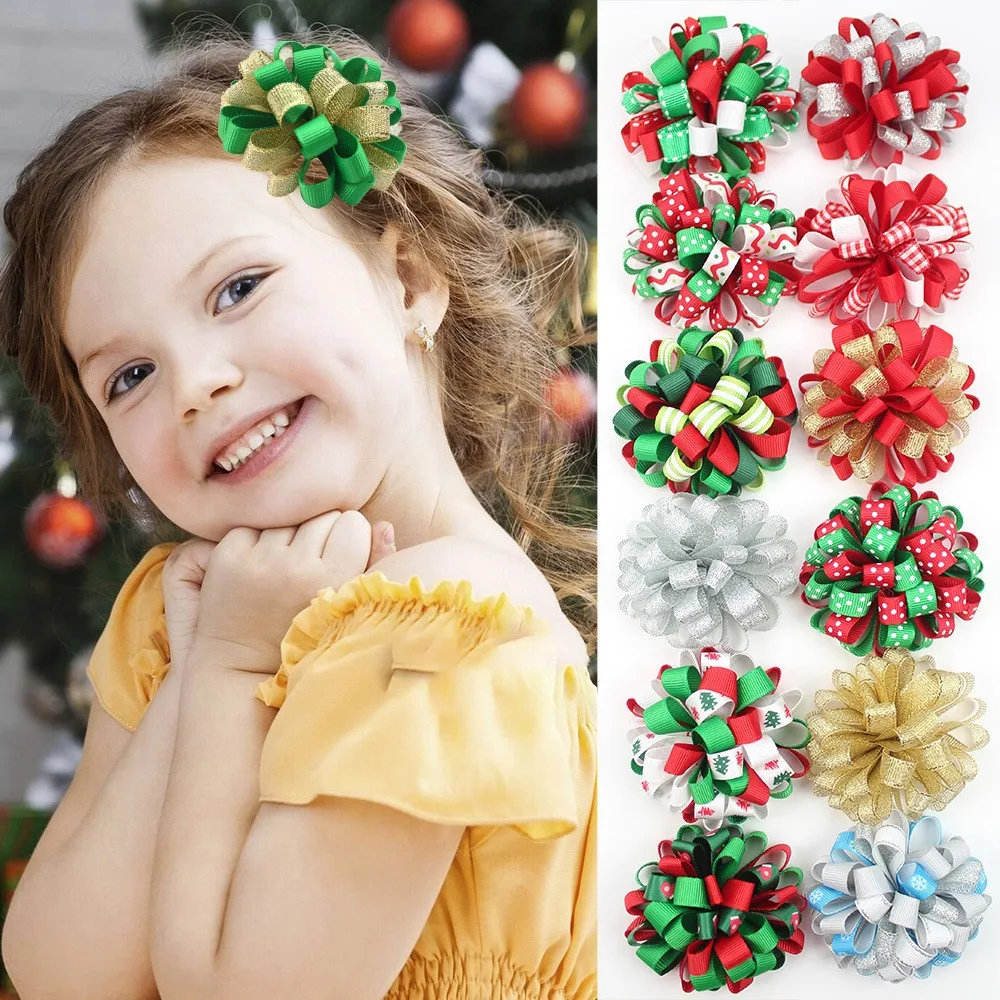 

30pc Baby Girl Hair Accessories Set with Red & Green Ribbon Bow Barrettes round Ball Hairpins - Christmas Party Hair Accessories