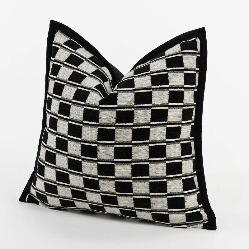 Modern Black and White Checkered Cushion Cover Premium Quality Chenille Pillow Case with Black Border Versatile Home Decor