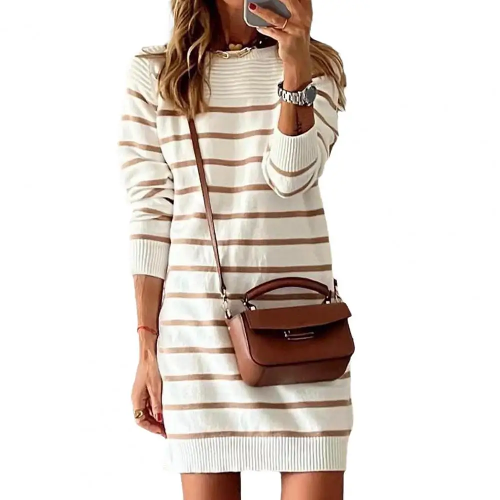 

Buttons Decor Mini Dress Striped Print Knit Dress Cozy O-neck Sweater with Long Sleeves Button Accents Ribbed Trim for Autumn