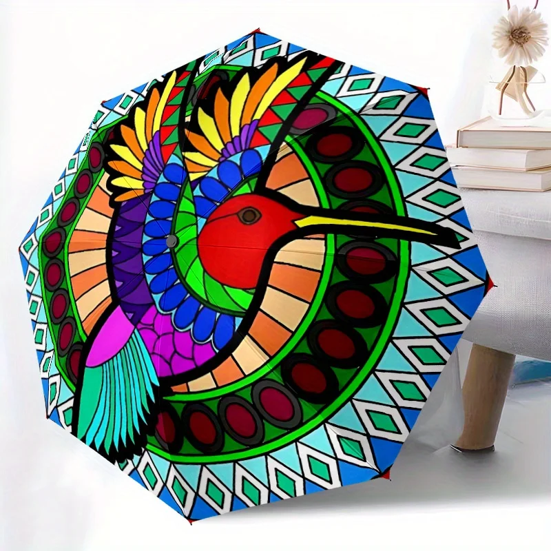 

1pc Vibrant Hummingbird Mandala Automatic Open/Close Folding Umbrella - Compact Portable Travel Umbrella with 8-Rib Durable Fr