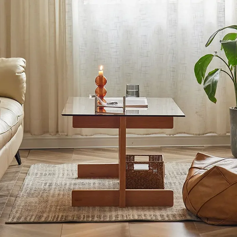 minimalist coffee table wabi-sabi wind small apartment design rectangular brown tempered glass ash wood