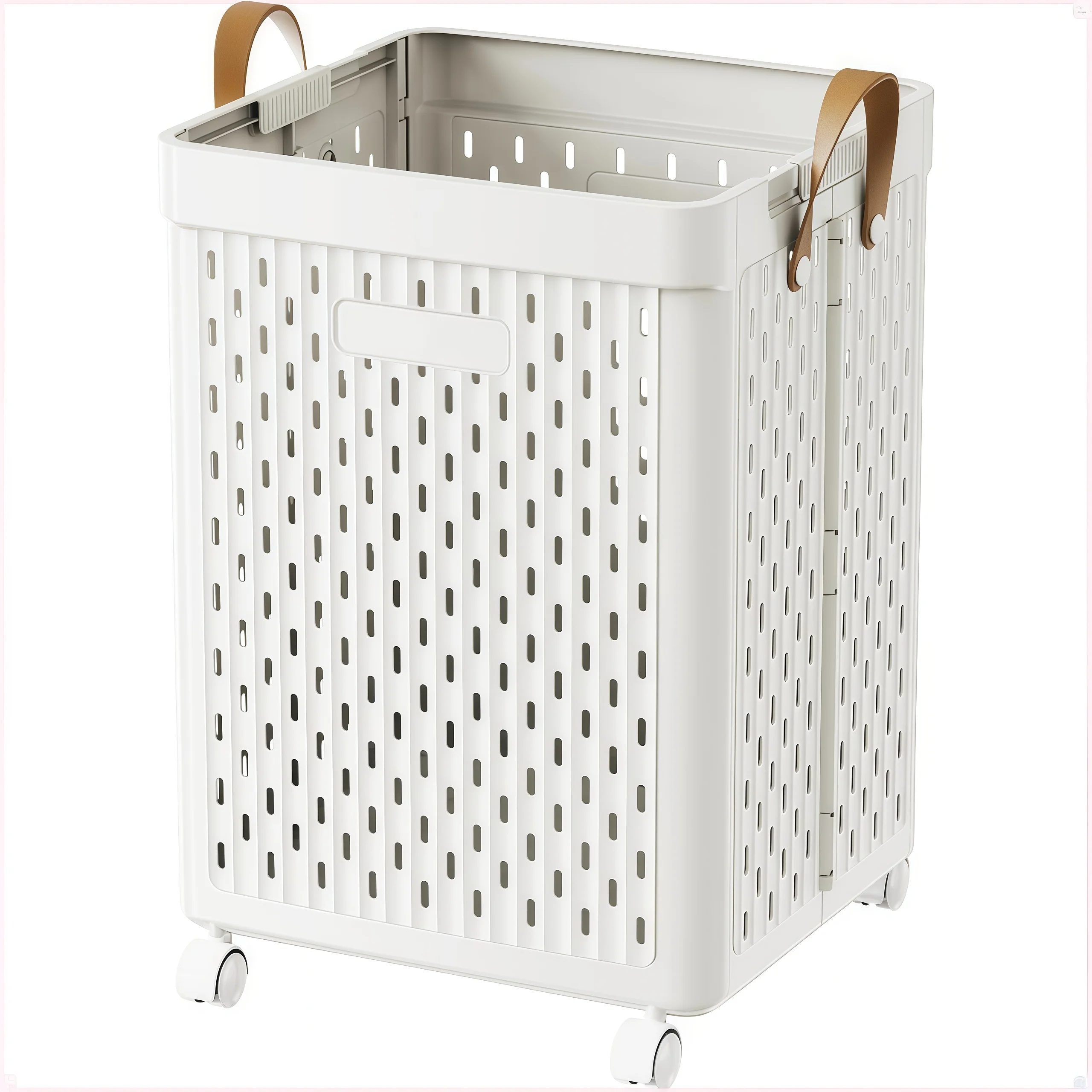 

61L Laundry Basket with Wheels, Collapsible Plastic Laundry Hamper with Handle, Foldable Laundry Laundry and Bathroom (‌White)