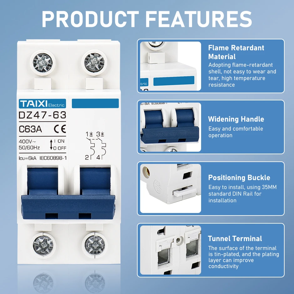 AC Circuit breaker MCB DZ47  6A 10A 16A 20A 25A 32A 40A 50A 63A 220V Circuit Overload, Disconnect, Short Circuit Protection