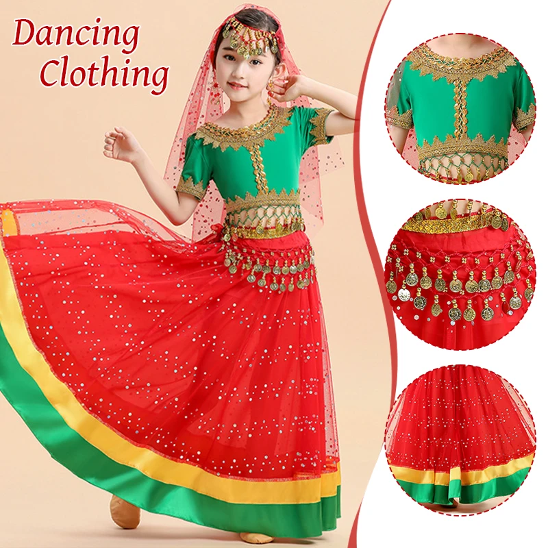 

Full Set Kids Indian Dance Bollywood Costume Girls Belly Dance Costumes Party Fancy Dress Oriental Dancing Clothing + Headdress