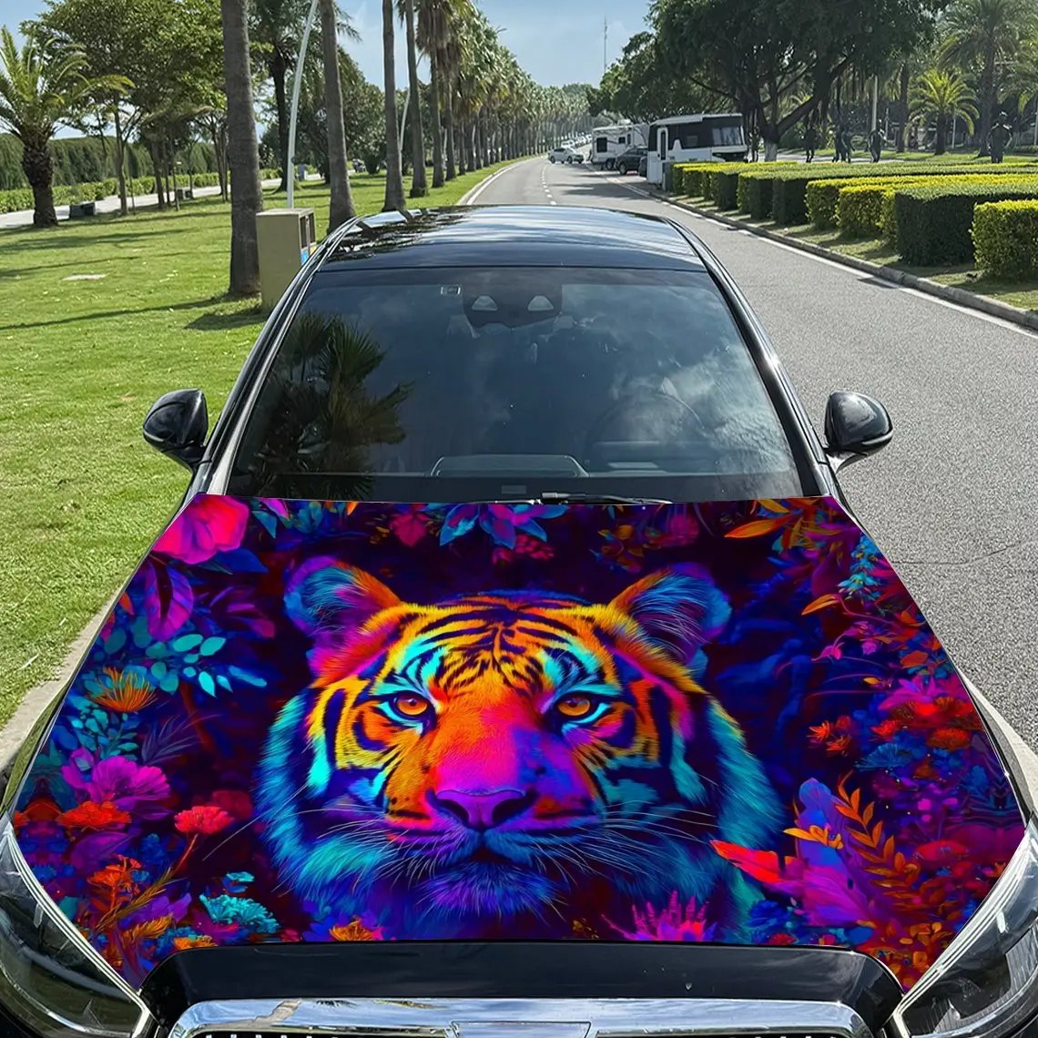 

Neon - Style Colorful Tiger and Flowers Car Vinyl Wrap, PVC Material Waterproof Car Hood Sticker, Self-Adhesive Scratch-Resistan