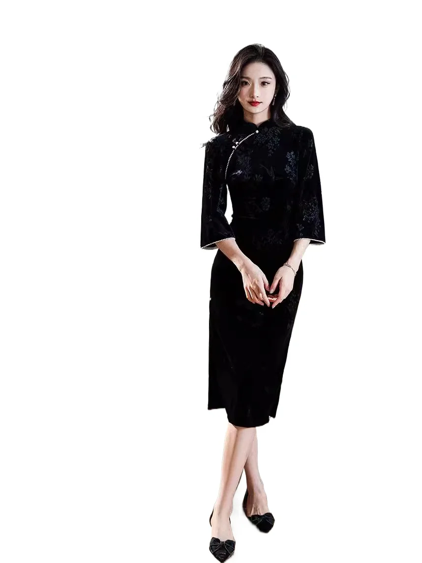 Black Velvet Qipao Women\'s New Autumn And Winter Improved Chinese Style Daily Wearable Elegant Dress Medium And Long Styles
