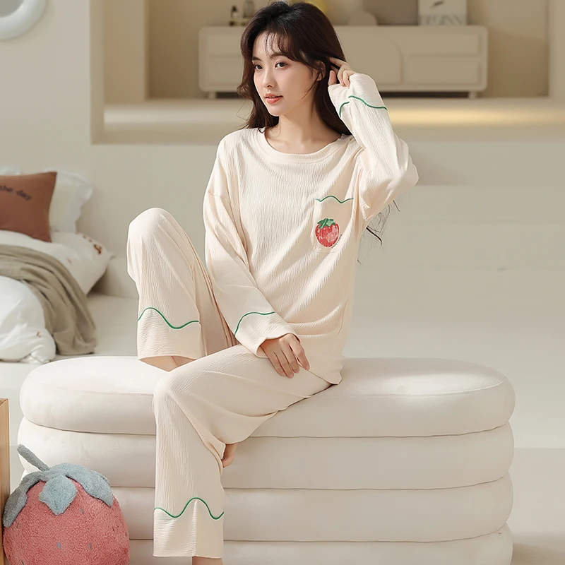 Big Yards XXXXL New Autumn Sleepwear Women Pajamas Sets Cute Strawberry Long Sleeve Pajama Suit Cotton Female Homewear Suit Soft