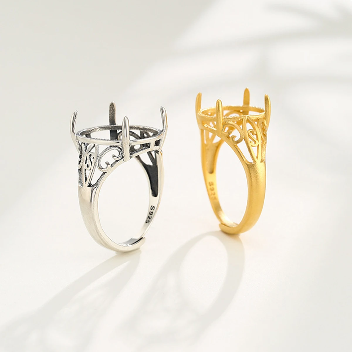 S925 Silver Open Adjustable Rings Oval Cabochon Emerald Turquoise Beeswax Settings For DIY Making Jewelry Gift for Women