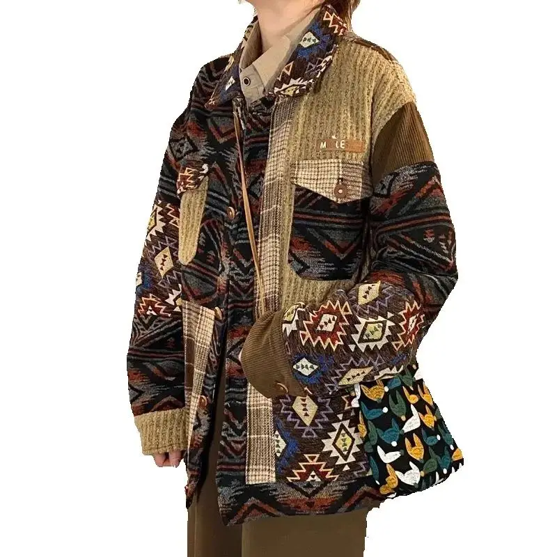 Giacca stile etnico patchwork di marca American Retro Loose Fit Giacca stile vintage giapponese per coppie in primavera e autunno 2025