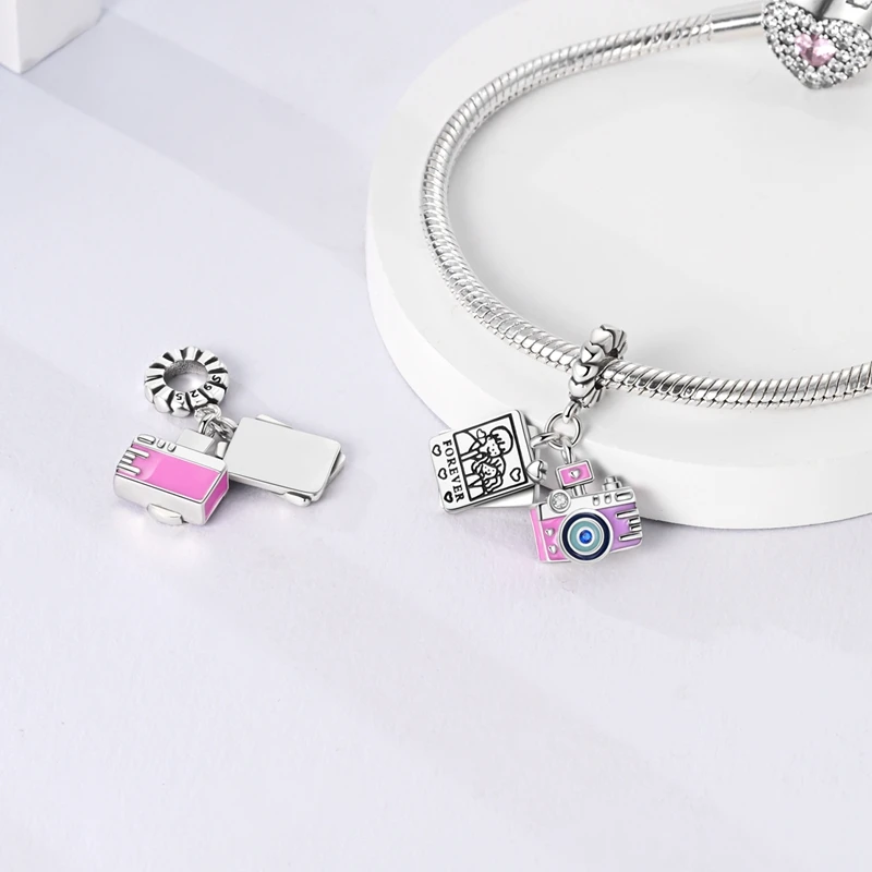 925 Sterling Silver Camera Couple Photo Charms Pendant Zircon Dangle Fit 3mm Original Bracelet DIY Women Fine Jewelry Party Gift