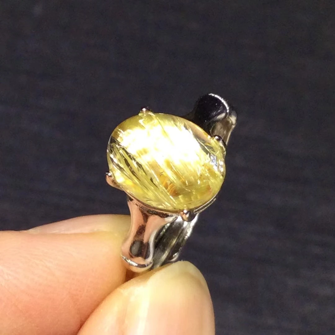 

Natural Gold Rutilated Quartz Adjustable Ring 925 Silver Oval 13*8mm Women Yellow Rutilated Beads AAAAAA