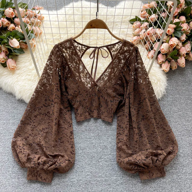 Sexy Backless Transparent Lace Crop Top Vintage Puff Long Sleeve Blouse Korean Fashion Women Slim Chic Spring Autumn Shirt Y2k