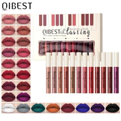 QIBEST 12pcs/set Matte Liquid Lipstick Waterproof Lasting Velvet Nude Red Lip Gloss Lint Tube Makeup Cosmetic Lipsticks Lipgloss